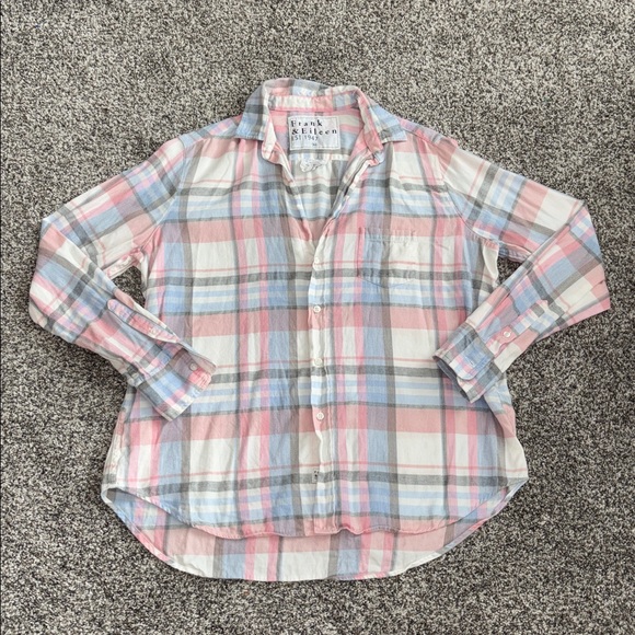 Frank & Eileen EILEEN Italian Cashmere-Touch Button Down in Pink/Blue Gray Plaid - Picture 3 of 8